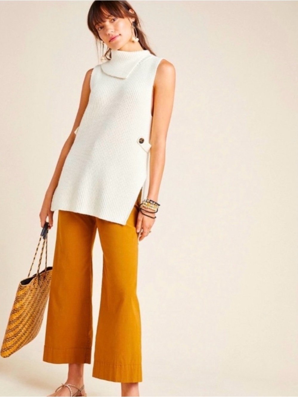 Anthropologie Alexa Sleeveless Split Mock Neck Button Sides Cream Tunic Sweater